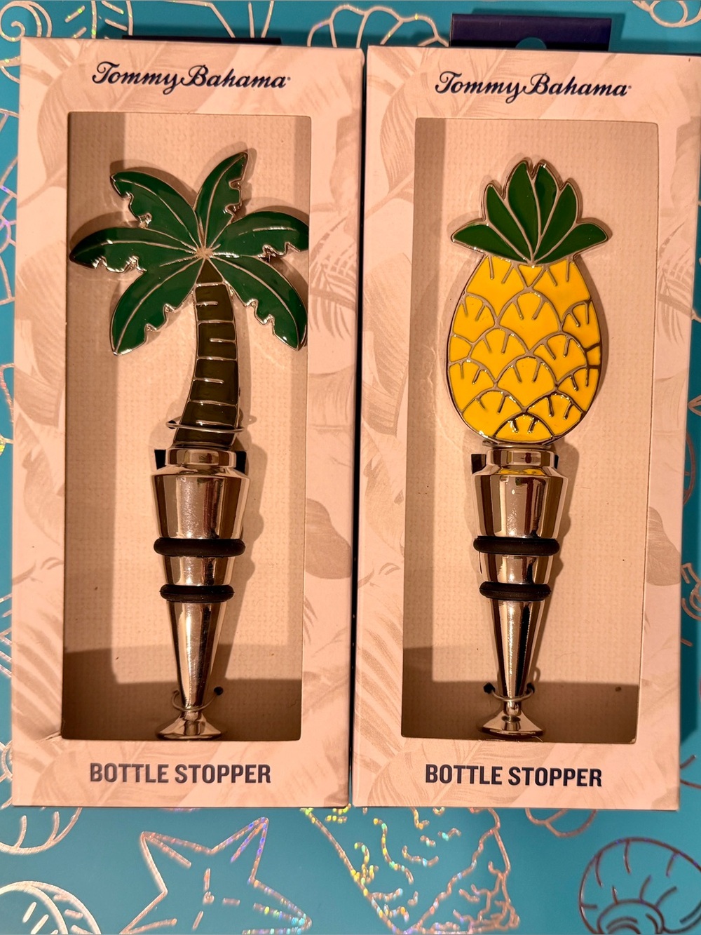 Tommy Bahama Green Palm Tree & Yellow Pineapple Wine Bottle Stoppers Set